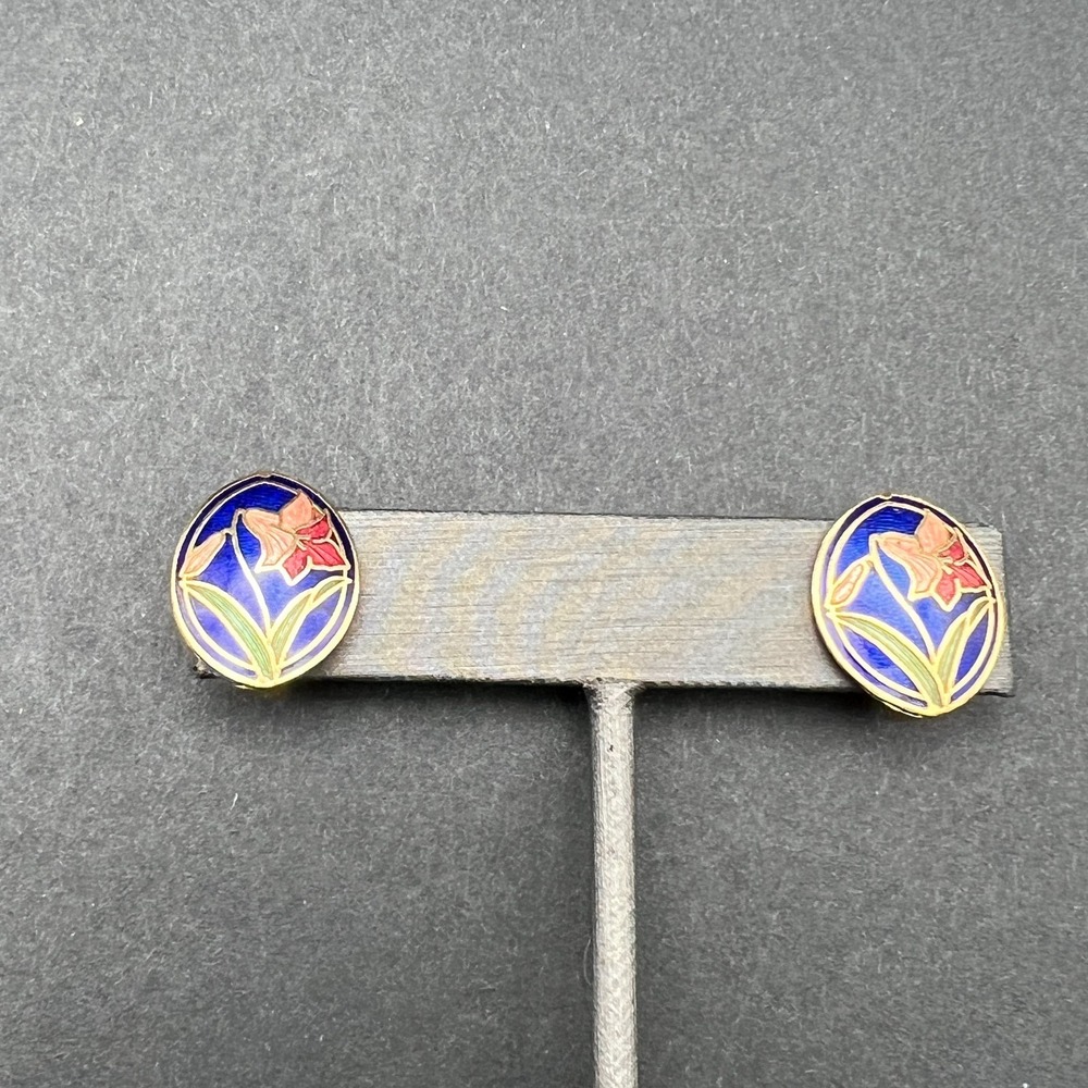 Vintage Cloisonne Enamel Clip On Earrings Blue Pink Lily Floral Oval Gold Tone‎